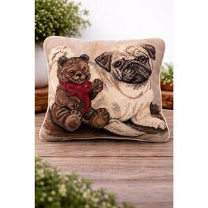 Pug & Teddy Bear Needlepoint Pillow Cozy Whimsical Dog Art Cottagecore